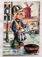 Old postcard, little boy, drum, moulin rouge