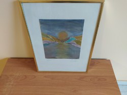 Small abstract sunset, signed, decorative painting with 30x40 cm frame