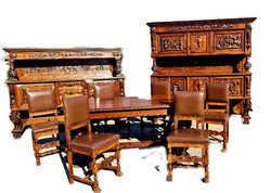 A505 antique, renaissance, richly carved, combat scene carved dining set (end 1800)