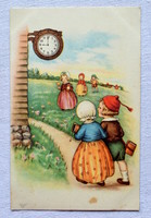 Régi Primus Pastella grafikus üdvözlő képeslap óra gyerekek