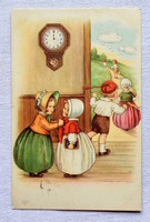 Old primus pastel graphic greeting postcard with kids clock