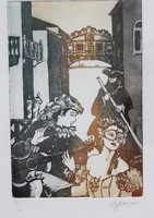 At the Venetian Carnival, etching, numbered