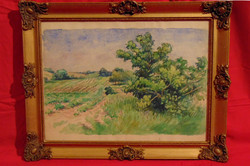 Gebauer Ernő (1882-1962): Zöldellő vidék - Igényesen megfestett régi akvarell munka szép keretben