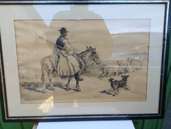 István Benyovszky, shepherd, colored etching, original frame, flawless 63x46 cm