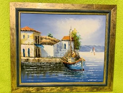 Boat Mediterranean view, oil on canvas painting,