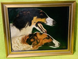 Sophisticated 1963 painted greyhound dog couple portrait, lifelike painted very good oil painting,