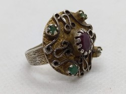 Aranyozott ezüst rubin és smaragd köves női gyűrű