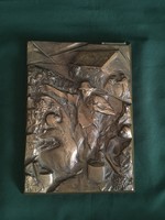 Jelzett Kincses Mária Szüret bronz falkép 28 cm