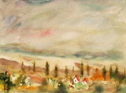 Regdon Irén (1910 k.-1990 után): Színes felhők a Dunakanyarban, 1991 - eredeti akvarell, keretezve