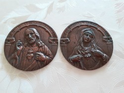 Régi vallási fém dísz Jézus Szíve és Mária Szíve domború kép 2 db