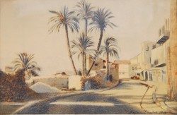 Brünn Erzsébet: Mediterrán utcakép pálmafákkal, 1949 - eredeti, ceruzával színezett