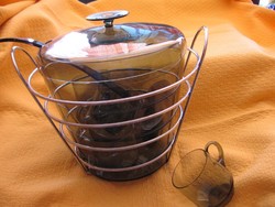 Wmf wagenfeld smoke color bottle nodule set in metal basket with ladle