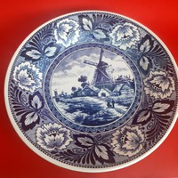Delft porcelán tányér, dísztányér, fehér-kék mintás,(nagy)