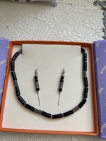 Very beautiful magnolia with black beaded silver necklace earrings