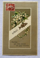 Antik francia dombornyomott üdvözlő képeslap gyöngyvirág aranyhal április 1.