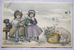Antik VV Wienne grafikus Újévi üdvözlő képeslap gyermekek malacok , tacskó
