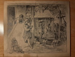 August von Pettenkofen (1822-1889): Village Life Picture - Pencil Drawing