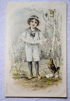 Antik A&M.B. grafikus Húsvéti üdvözlő képeslap éneklő kisfiú kottával tyúk tojás