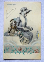 Antik grafikus üdvözlő képeslap automobilban anya kisleánnyal