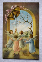 Régi grafikus Húsvéti üdvözlő képeslap harangozó angyalkák