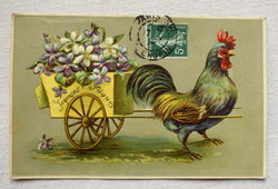 Antik dombornyomott Húsvéti üdvözlő képeslap  kakas virágkordé ibolya