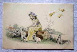 Antik V.V. Vienne grafikus Húsvéti üdvözlő képeslap hölgy bárányokkal nyuszival