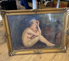 Zoltán Jeney-sitting female nude watercolor paper painting in decorative glazed damaged wooden frame