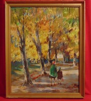Mühl Aladár (1902-1981) Anya lányával a parkban - Gyönyörű színekkel megfestett Képcsarnokos alkotás