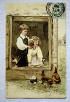 Antik grafikus Húsvéti üdvözlő litho képeslap gyerekek nyuszik tojás