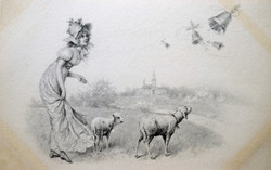 Antik v.V. Vienne graphic Easter greeting postcard with lady lambs