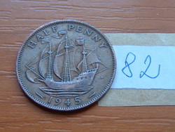 English England 1/2 half penny 1945 King George vi. Golden hind sailing ship 82.