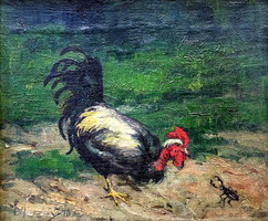 Ilonka Mezey (1883 -?): Rooster with a stag beetle