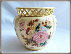 Csodás, antik, nagyméretű, kézzel festett virág mintás Zsolnay porcelán kaspó / 1880 /