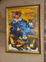 Vilhelm Károly: "Kék virágos csendélet", festmény, olaj, farost, 58x80 cm + képcsarnokos keret
