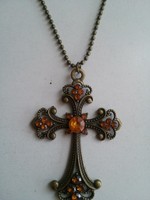 Antique bronze colored huge cross chain with amber colored jewelry jewelry