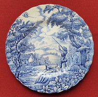 English blue scene porcelain small plate cake plate the hunter by myott dog hunter