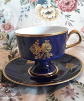 Rózsás kék porcelán teás csésze tányérral (L2453)
