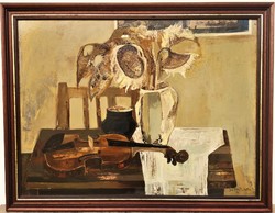 László Somogyi-Soma (1927-2004) Violin Painting from Képcsarnok with Original Guarantee!