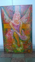 Peter Ják painting o / v guardian angel on bench 50x80