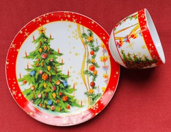 Karácsonyi porcelán kávés teás reggeliző csésze kistányér szett tányér karácsonyfa