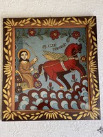 Üvegre kézzel festett Román ikon fa keretben.