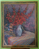Miklós Farkasházy (1895-1964): still life with gladiolus. Marked oil painting.