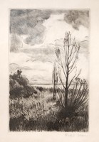 White Ilona (Iván Solid, 1913-1983): cloudy sky on the shores of Lake Balaton - etching