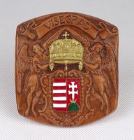 1I286 Gilded Coat of Arms Tile Wall Plaque with Visegrád Inscription 10.5 X 9.5 Cm