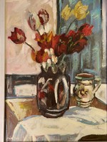 P. Árpási Mária: tulip still life with a bastard - oil painting