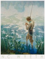 N.C. Wyeth Thoreau While Fishing 1936 American Painting Art Poster Lake Waterlily Fisherman Rod