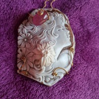 Unique handmade cameo pendant with precious stones