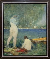 Göcseji Pataki Ferenc (1909-1965) Aktok a vízparton (1940 körül) c. olajfestménye /40x50 cm/