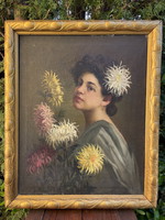 Charles the raven holczer: young girl with chrysanthemum 81x66cm !!