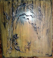"Öreg fűzfa szarvassal ,éjszakai égbolt alatt"Modellpaszta-festmény 35 x 40 cm(sorozat.)3.